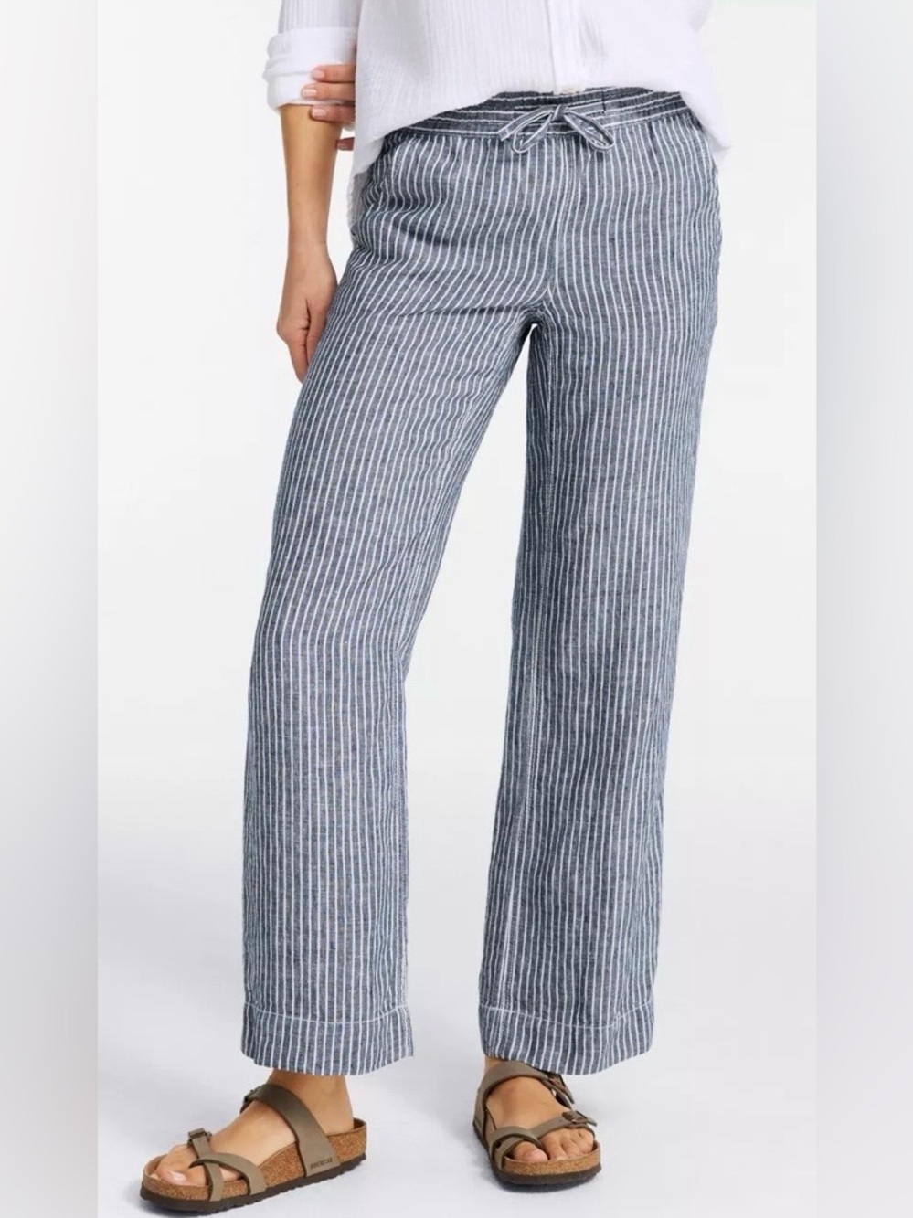 LL Bean Striped Linen-Blend Wide Leg Pants - Blue/White
